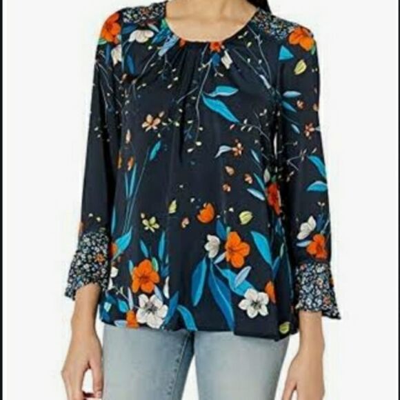 NANETTE LEPORE bell sleeve multi dark‎ floral top blouse M - Picture 3 of 9